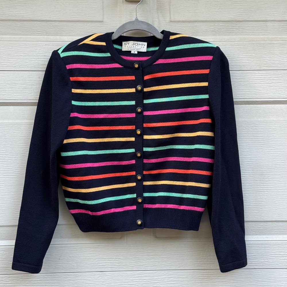 St. John Collection Cardigan Women S Navy Rainbow Stripe Vintage EUC Marie Gray - Picture 1 of 11